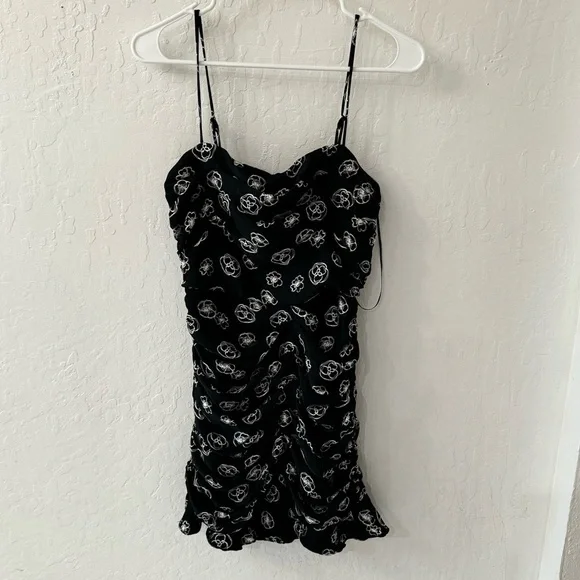Lush Black White Floral Print Cami Ruched Flutter Mini Dress S - Picture 2 of 12